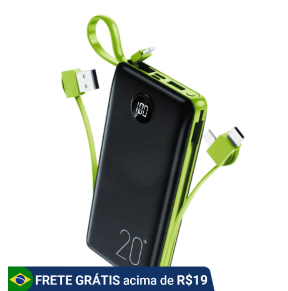 Carregador Portátil Power Bank 20000mAh Turbo Universal Com Cabo V8 Lightning e Tipo C