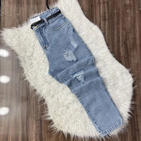 Calça Jeans Mom Com Cinto Feminina Cintura Alta