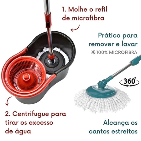 Mop Giratório Cabo Inox Limpeza Balde Esfregão 360 Universal Original Powermaid