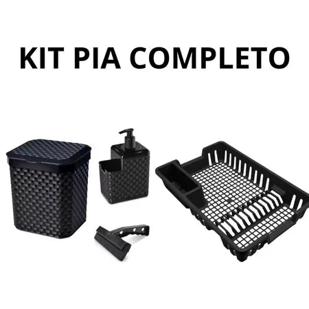 Kit Conjunto Cozinha Completa Escorredor De Louça + Lixeira de Pia 5 litros + Porta Detergente + Rodinho de Pia