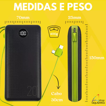 Carregador Portátil Power Bank 20000mAh Turbo Universal Com Cabo V8 Lightning e Tipo C