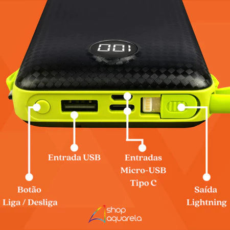 Carregador Portátil Power Bank 20000mAh Turbo Universal Com Cabo V8 Lightning e Tipo C