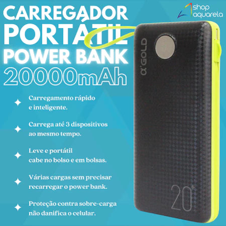 Carregador Portátil Power Bank 20000mAh Turbo Universal Com Cabo V8 Lightning e Tipo C