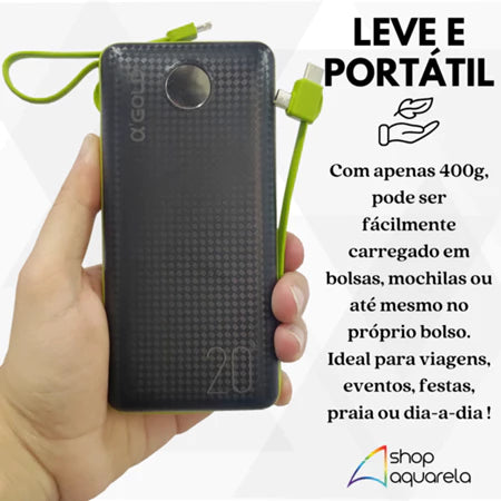 Carregador Portátil Power Bank 20000mAh Turbo Universal Com Cabo V8 Lightning e Tipo C