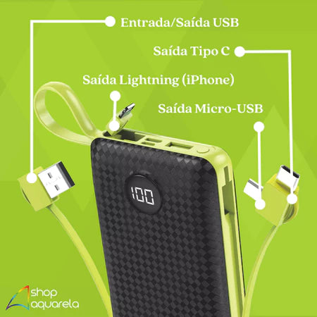 Carregador Portátil Power Bank 20000mAh Turbo Universal Com Cabo V8 Lightning e Tipo C