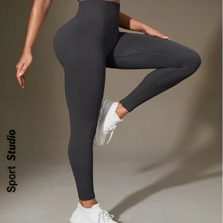 Calça Legging Canelada de Cintura Alta Sem Costura para Academia Feminina, Elástica e Fitness